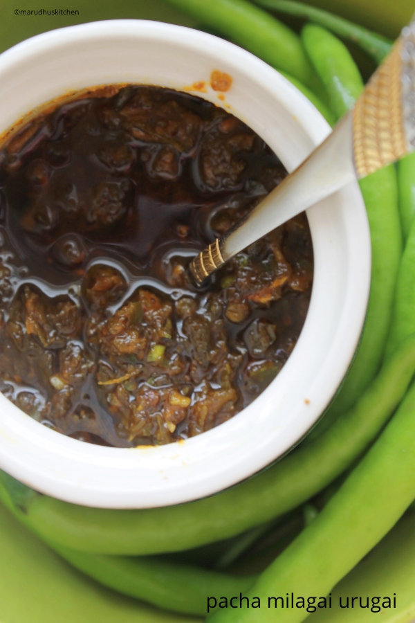 green chilli instant pickle /pacha milagai urugai(oorgai) - Marudhuskitchen